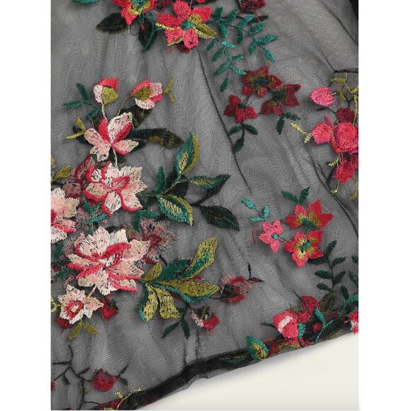 Floral Ruffle Cuff Embroidery Mesh Sheer Top - Picture 7 of 8